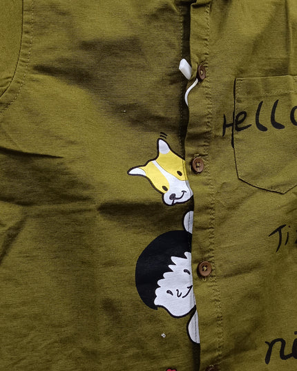 Boys Olive Green Printed Casual Shirt | Kids Cotton Half Sleeve Shirt with Cartoon Design
