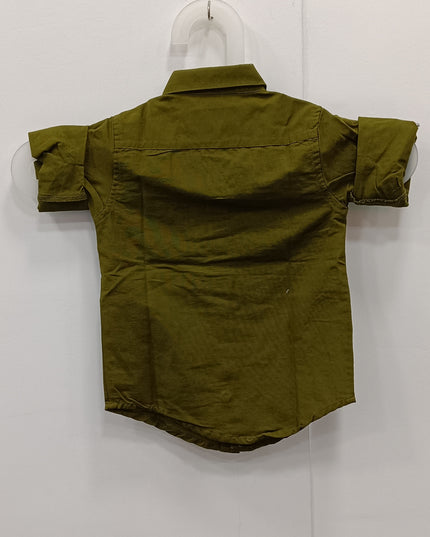 Boys Olive Green Printed Casual Shirt | Kids Cotton Half Sleeve Shirt with Cartoon Design