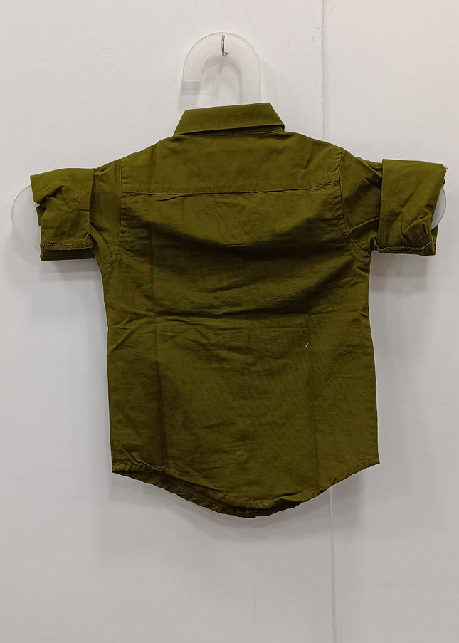 Boys Olive Green Printed Casual Shirt | Kids Cotton Half Sleeve Shirt with Cartoon Design