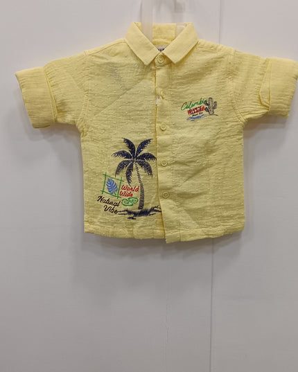 Boys Yellow Printed Casual Shirt | Kids Cotton Half Sleeve Shirt with Palm Tree Design