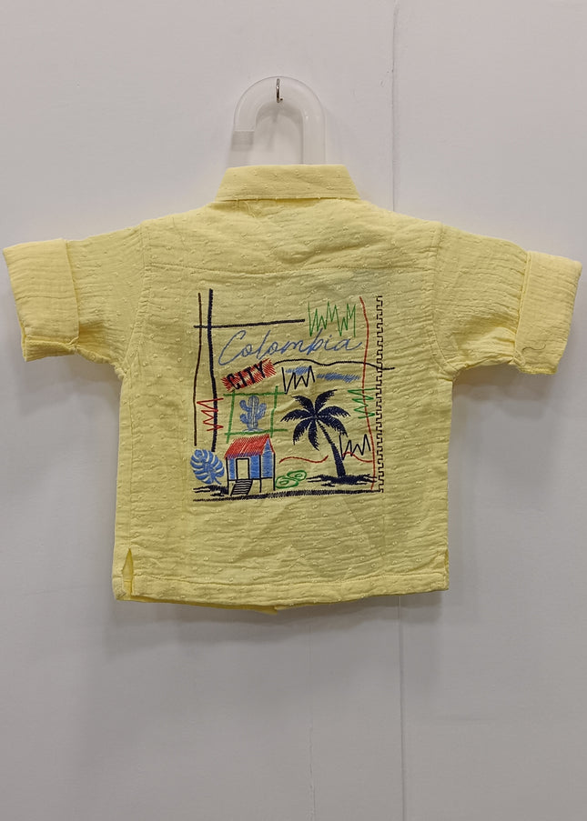 Boys Yellow Printed Casual Shirt | Kids Cotton Half Sleeve Shirt with Palm Tree Design