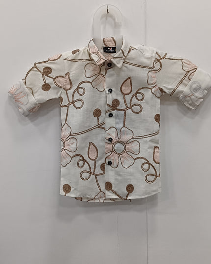 Boys Cream Floral Printed Casual Shirt | Kids Stylish Cotton Party Wear Shirt