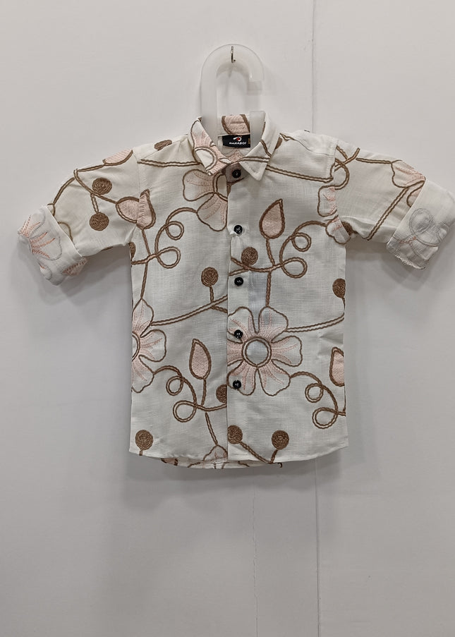 Boys Cream Floral Printed Casual Shirt | Kids Stylish Cotton Party Wear Shirt
