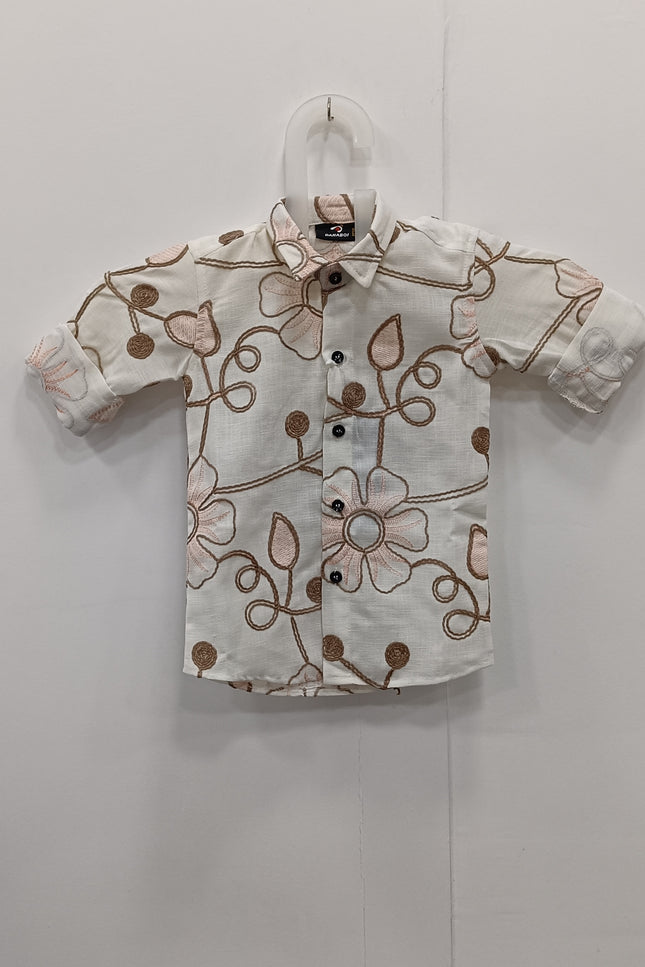 Boys Cream Floral Printed Casual Shirt | Kids Stylish Cotton Party Wear Shirt