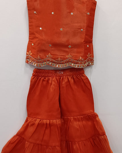Girls Orange Mirror Work Top & Sharara Set | Kids Festive Party Wear Outfit