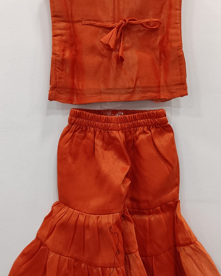 Girls Orange Mirror Work Top & Sharara Set | Kids Festive Party Wear Outfit