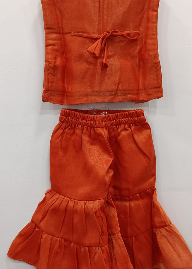 Girls Orange Mirror Work Top & Sharara Set | Kids Festive Party Wear Outfit