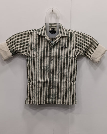 Boys Green Striped Casual Shirt | Kids Cotton Half Sleeve Stylish Shirt