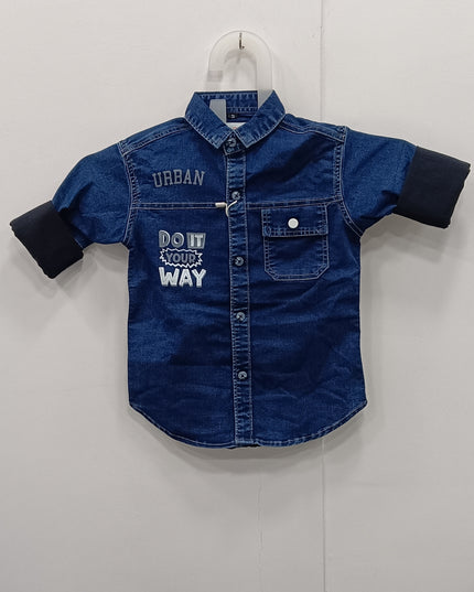Boys Denim Shirt with Printed Design | Kids Casual Blue Cotton Denim Shirt