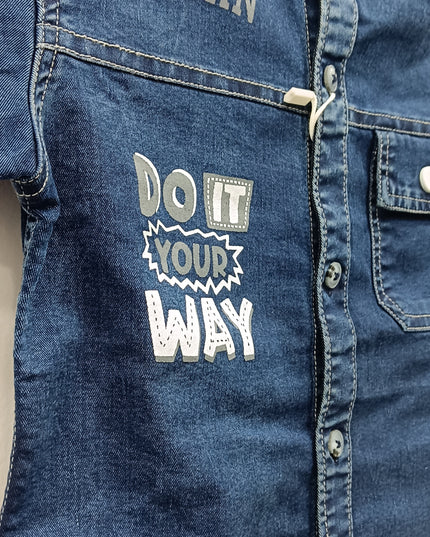 Boys Denim Shirt with Printed Design | Kids Casual Blue Cotton Denim Shirt