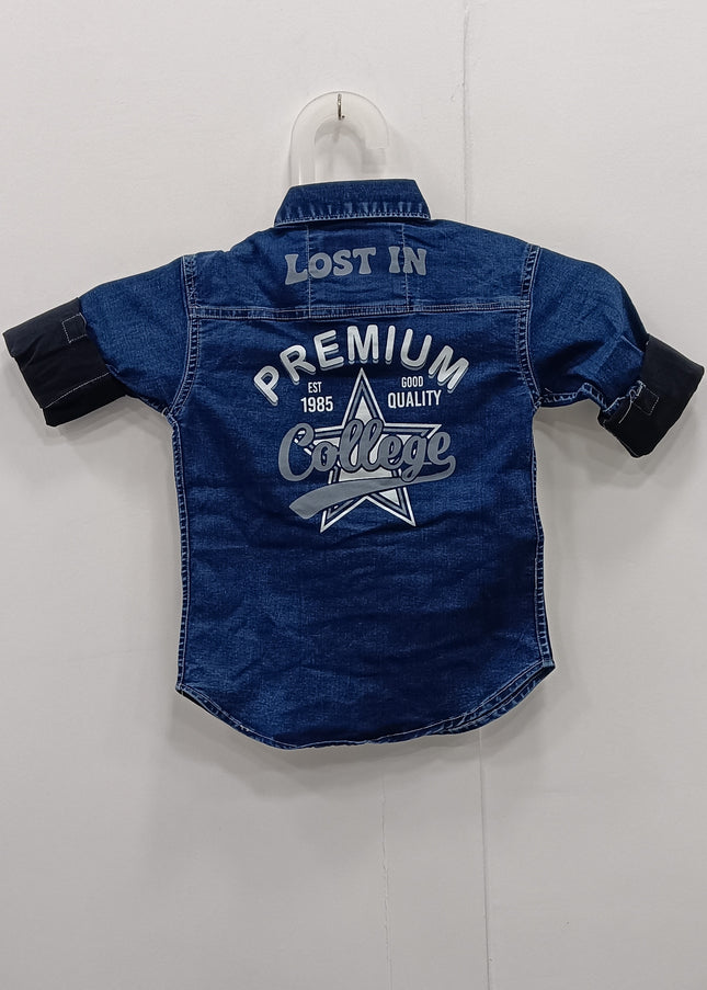 Boys Denim Shirt with Printed Design | Kids Casual Blue Cotton Denim Shirt