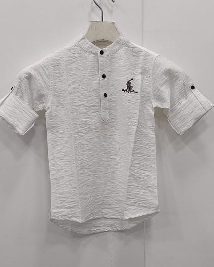 Boys  White Mandarin Collar T-Shirt | Kids Casual Cotton Half Sleeve Tee