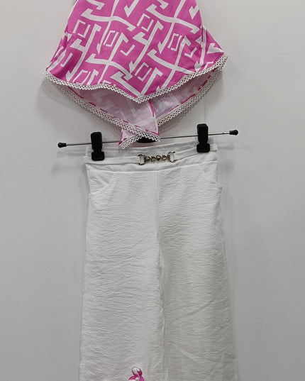 Girls Pink Printed Top with White Palazzo Set | Stylish Kids Co-Ord Outfit | He & She