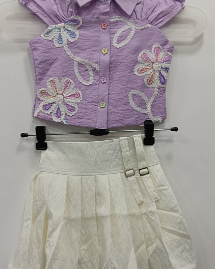 Girls Lavender Floral Top & White Skirt Set | Kids Stylish Party Wear Outfit