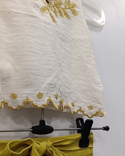 Girls White Embroidered Top & Mustard Shorts Set | Kids Summer Stylish Outfit