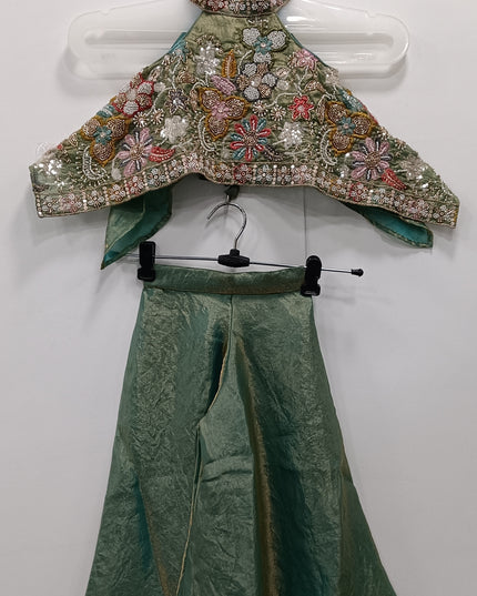 Girls Green Embroidered Top and Plazzo Set | Kids Party Wear Floral Designer Outfit