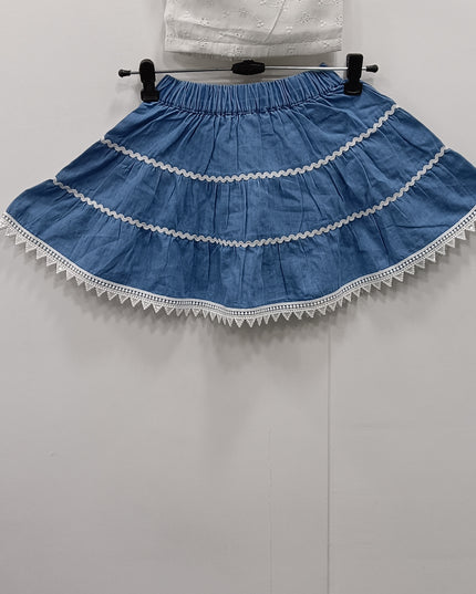 He & She Girls White Embroidered Top with Blue Skirt Set – Stylish Kids Co-Ord Outfit