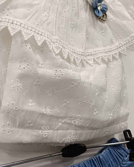 He & She Girls White Embroidered Top with Blue Skirt Set – Stylish Kids Co-Ord Outfit