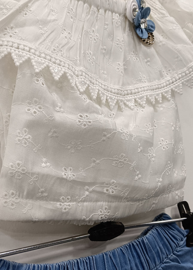 He & She Girls White Embroidered Top with Blue Skirt Set – Stylish Kids Co-Ord Outfit