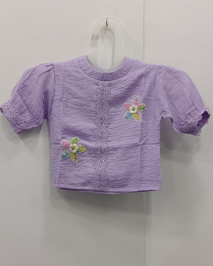 Girls Lavender Embroidered Crop Top | Floral Designer Party Wear Top | He & She