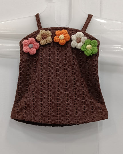 Girls Brown Crochet Floral Sleeveless Top | Cute Knit Strap Top for Kids | He & She