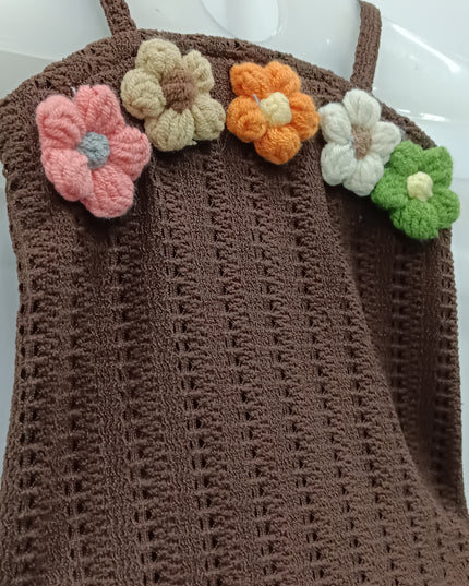 Girls Brown Crochet Floral Sleeveless Top | Cute Knit Strap Top for Kids | He & She