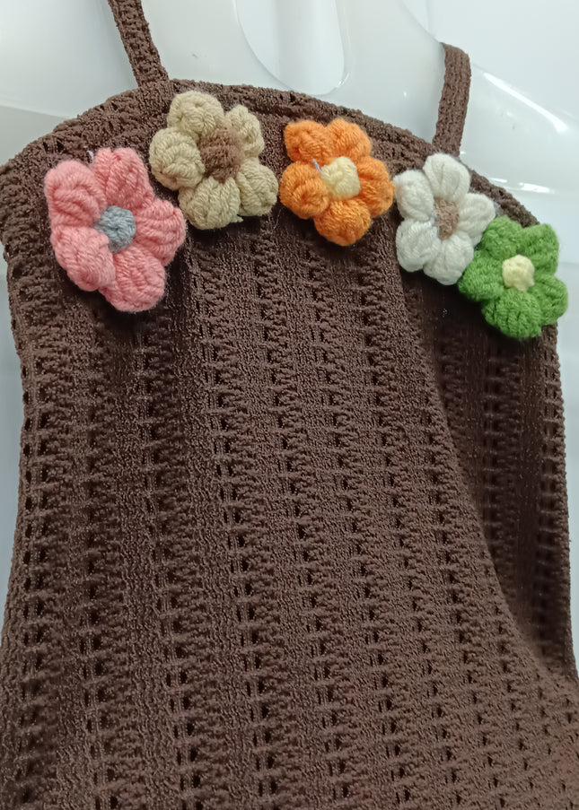 Girls Brown Crochet Floral Sleeveless Top | Cute Knit Strap Top for Kids | He & She