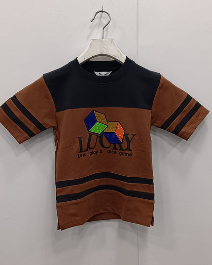 Boys Brown Graphic T-Shirt | Lucky Dice Print Casual Half Sleeve Tee | He & She