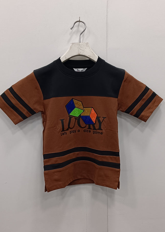 Boys Brown Graphic T-Shirt | Lucky Dice Print Casual Half Sleeve Tee | He & She