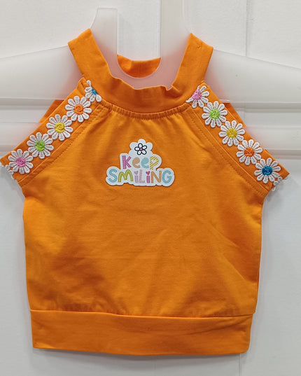 Girls Orange “Keep Smiling” Cotton Crop Tank Top with Floral Strap Detail