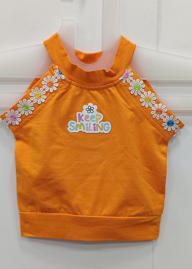 Girls Orange “Keep Smiling” Cotton Crop Tank Top with Floral Strap Detail