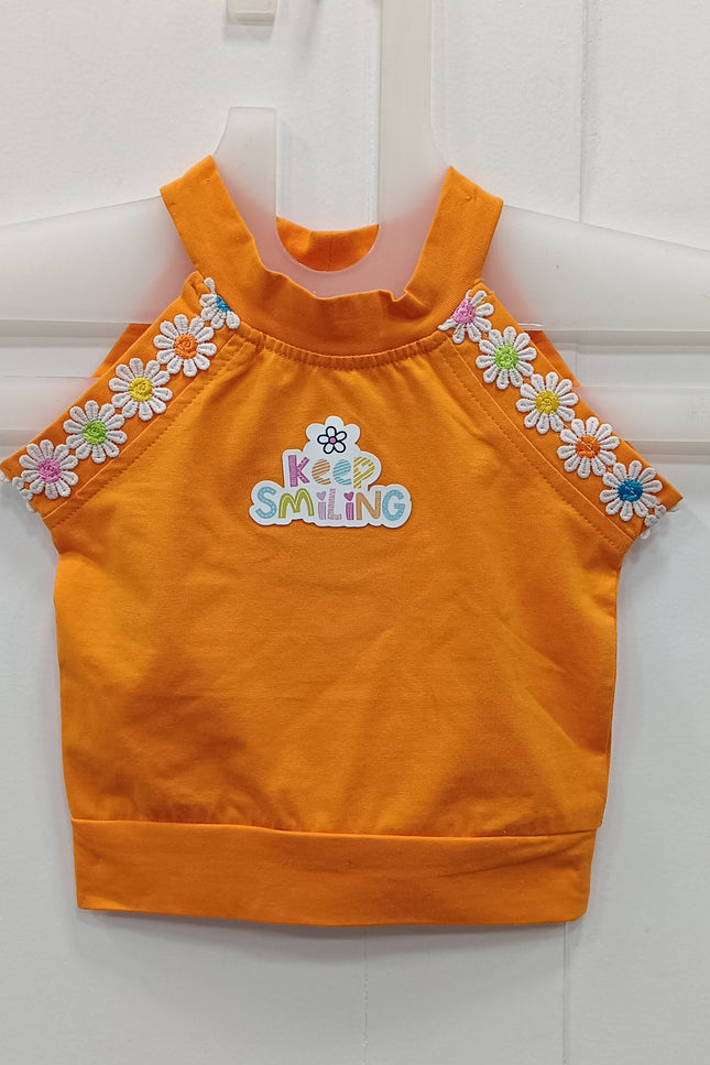 Girls Orange “Keep Smiling” Cotton Crop Tank Top with Floral Strap Detail