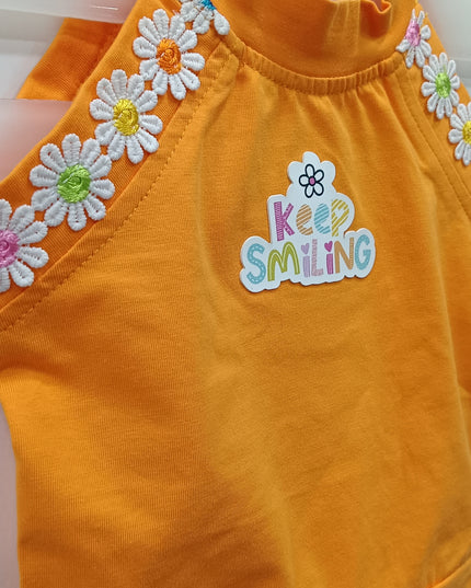 Girls Orange “Keep Smiling” Cotton Crop Tank Top with Floral Strap Detail