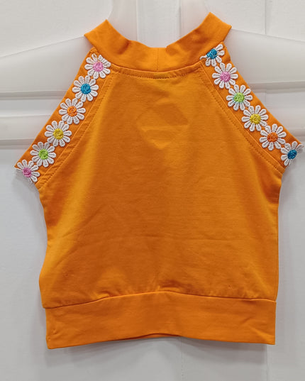 Girls Orange “Keep Smiling” Cotton Crop Tank Top with Floral Strap Detail