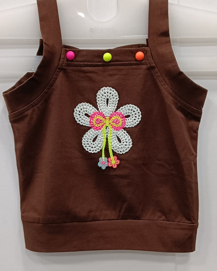 Girls Brown Floral Embroidered Sleeveless Crop Top with Button Detail