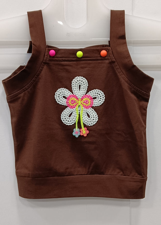 Girls Brown Floral Embroidered Sleeveless Crop Top with Button Detail