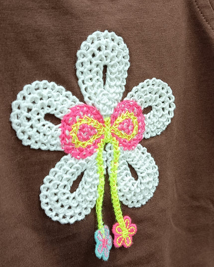 Girls Brown Floral Embroidered Sleeveless Crop Top with Button Detail