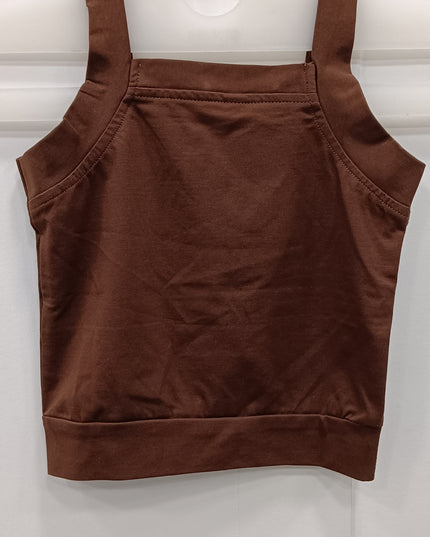 Girls Brown Floral Embroidered Sleeveless Crop Top with Button Detail