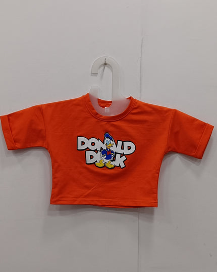 He & She Kids Orange Cartoon Printed Cotton T-Shirt with Back Print – Stylish Summer Wear