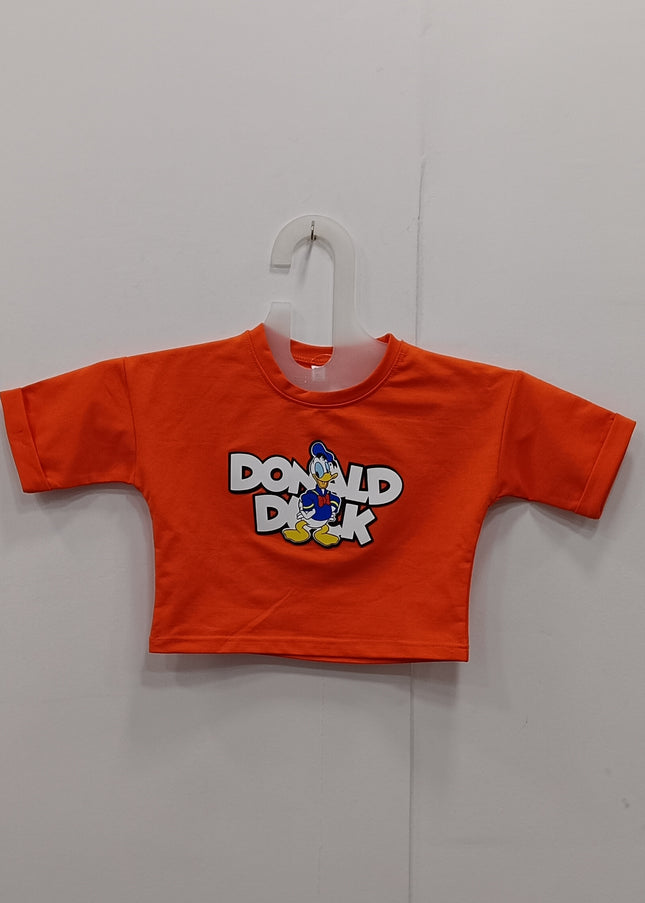 He & She Kids Orange Cartoon Printed Cotton T-Shirt with Back Print – Stylish Summer Wear