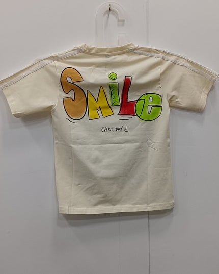 Boys Cream Cartoon Print T-Shirt | Kids Casual Graphic Cotton Tee | He & She