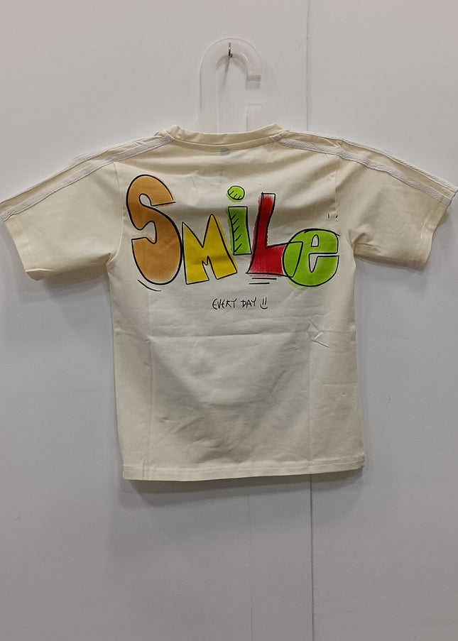 Boys Cream Cartoon Print T-Shirt | Kids Casual Graphic Cotton Tee | He & She