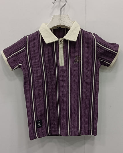 Boys Purple Striped Polo T-Shirt with Zip | Stylish Kids Casual Tee | He & She
