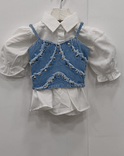 He & She Girls White Shirt with Denim Studded Crop Top | Stylish Layered Kids Outfit