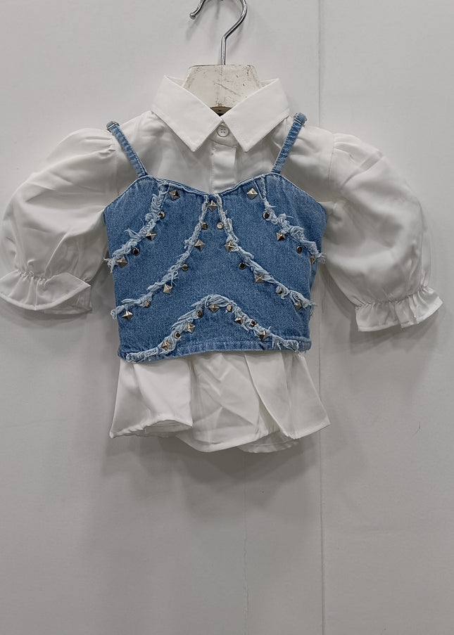 He & She Girls White Shirt with Denim Studded Crop Top | Stylish Layered Kids Outfit