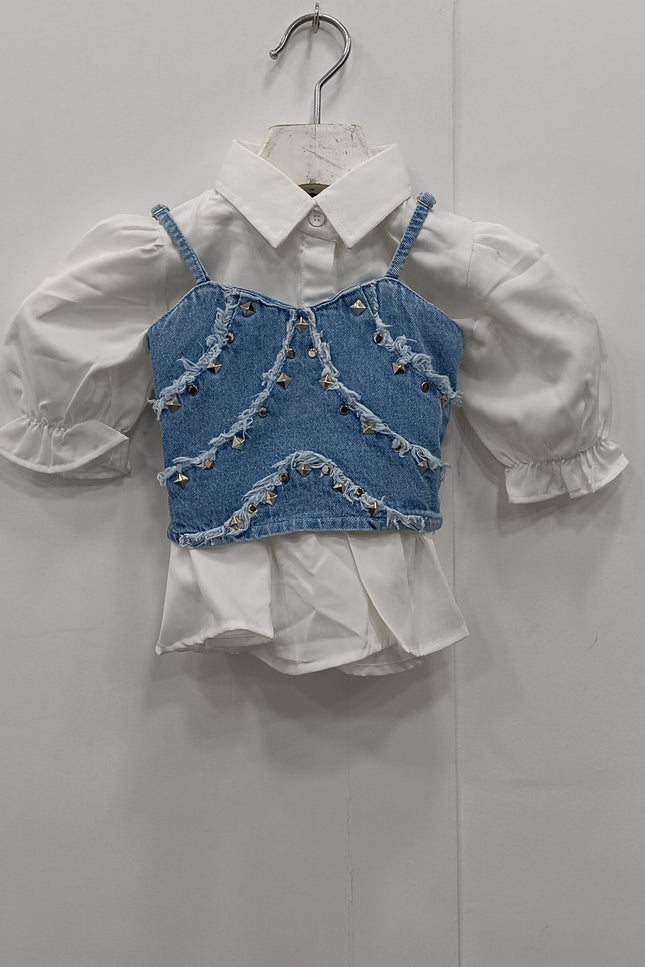 He & She Girls White Shirt with Denim Studded Crop Top | Stylish Layered Kids Outfit