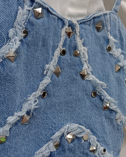He & She Girls White Shirt with Denim Studded Crop Top | Stylish Layered Kids Outfit