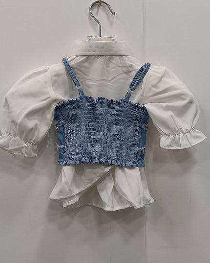 He & She Girls White Shirt with Denim Studded Crop Top | Stylish Layered Kids Outfit