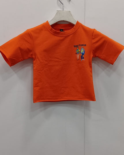 He & She Kids Orange Printed Cotton T-Shirt | Soft Casual Wear for Girls