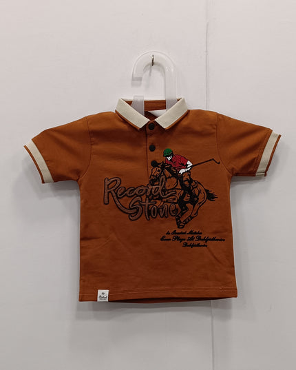 Boys Brown Polo T-Shirt with Horse Rider Print | Casual Kids Cotton T-Shirt | He & She